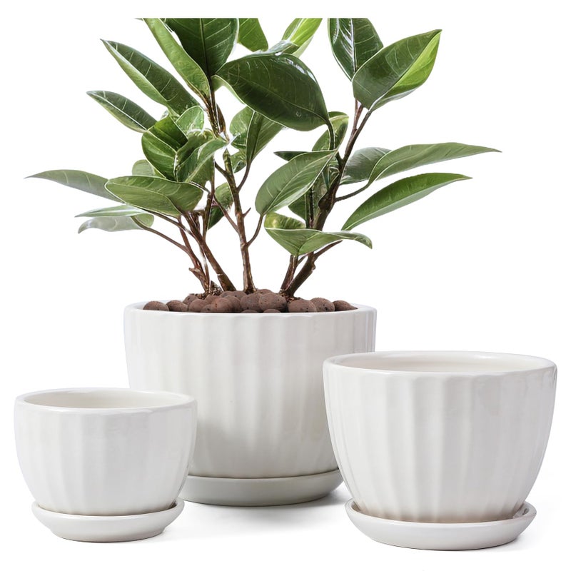 STHIE Ceramic Plant Pots with Drainage Holes and Saucers  Round White Flower Pots for Indoor Plant  Diameter 3.3/4.3/5.5 Inches Small Flower Planters Set of 3 - Image 1
